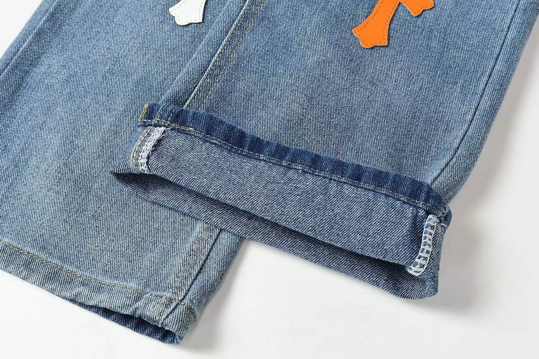 P270 Chrome Hearts/Chrome Hearts Classic Color Leather Cross Washed Color Fabric Unisex Denim Trousers Color: Picture Color Code Number: 28-36